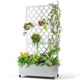 White Metal Outdoor Raised Garden Bed Planter Box with Trellis on Wheels