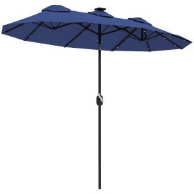 Outsunny Double-sided Patio Umbrella, 9.7' Outdoor Umbrella with Tilt and Crank, LED Solar Light and 12 Ribs, Navy Blue