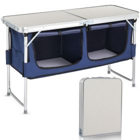 Outdoor Folding Table with Faux White MDF Top Aluminum Frame Rectangular Design Blue Fabric Storage Cabinet Adjustable to 3 Heights Portable Camp