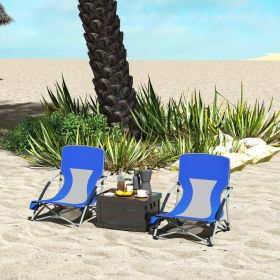 Set Of 2 Folding Beach Chairs With Mesh Back, Carry Bag And Cup Holder For Outdoor Camping Lawn Sports Picnic Dark Blue (Color: Blue)