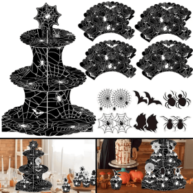 3 Tier Halloween Cupcake Stand Black Spider Web Cardboard Cupcake Stand Spider Bat Cupcake Toppers Halloween Cupcake Holder Tower For Halloween B (Option: 1set)