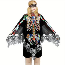 Halloween Skeleton Poncho, Lace Skeleton Halloween Costume Poncho Day Of The Dead Poncho For Women (Color: White)
